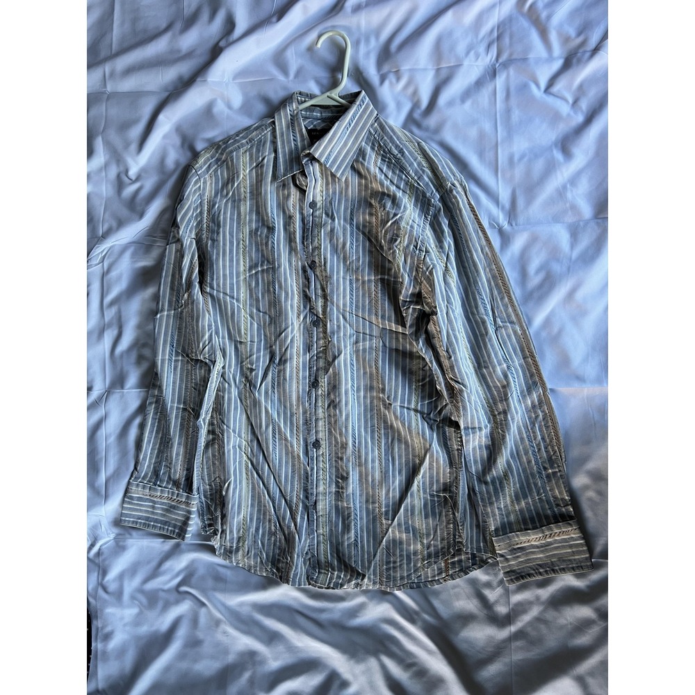 Jhane Barnes Shirt Mens Medium Gray Blue Striped Long Sleeve Silk Button‎ Up - Picture 4 of 16
